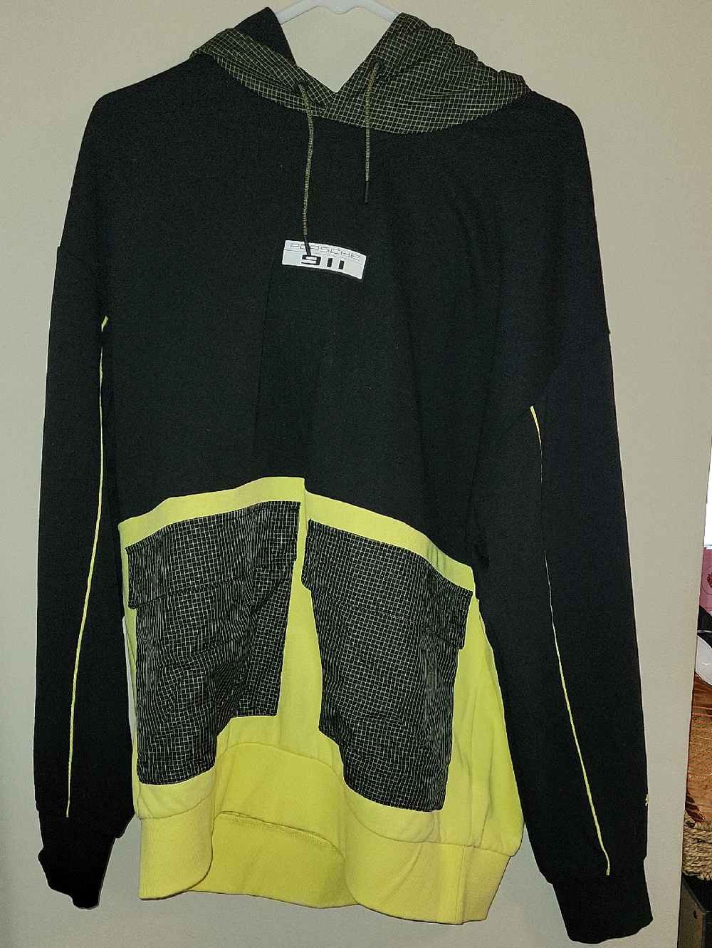 Puma Men’s Black and Neon Yellow Crewneck Hoodie Sweater